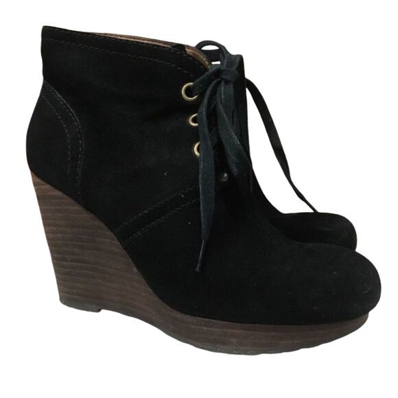 Lucky Brand Ankle Bootie Sz 6.5 Black Suede Ankle Boot Wedge Heel Booties - Picture 1 of 6